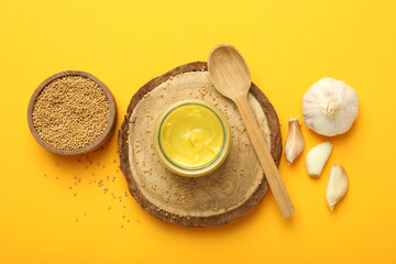 Concept of tasty food with sauce, top view