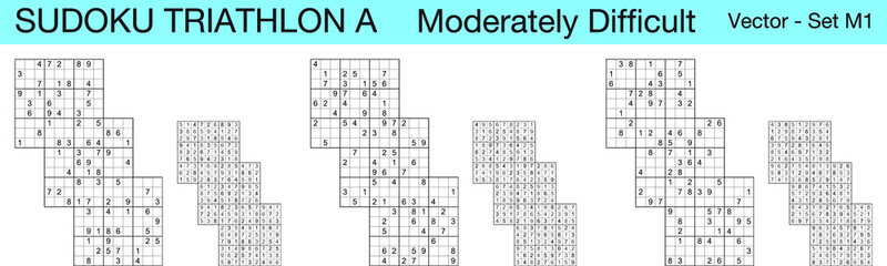 A set of 3 moderately difficult scalable sudoku Triathlon A puzzles suitable for kids, adults and seniors and ready for web use, or to be compiled into a standard or large print activity book.