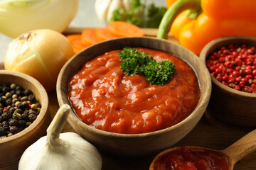 Concept of spicy sauce with Adjika, close up