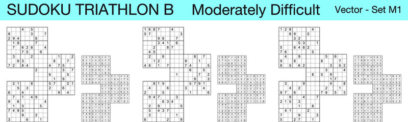 A set of 3 moderately difficult scalable sudoku triathlon B puzzles suitable for kids, adults and seniors and ready for web use, or to be compiled into a standard or large print activity book.