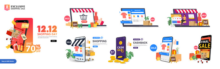 Set of Shopping sale banner or sale poster for flash sale, big sale and Cashback. Perfect for web design, banner, mobile app, landing page. Vector illustration