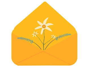 Flower leaf in envelope vector illustration isolated on white background. Vintage gift letter design for Mother's Day, Thanksgiving, Happy Woman's Day concept. Mail sign.