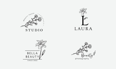 Botanical Floral element Hand Drawn Logo with Wild Flower and Leaves. Logo for spa and beauty salon, boutique, organic shop, wedding, floral designer, interior, photography, jewellary, cosmetic