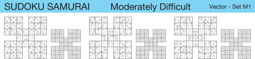 A set of 3 moderately difficult scalable sudoku samurai puzzles suitable for kids, adults and seniors and ready for web use, or to be compiled into a standard or large print activity book.