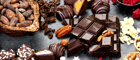 Delicious chocolate bars and pieces.