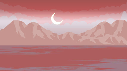 Animated lake landscape view with moon and clouds in sky-high resolution.