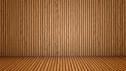 Concept or conceptual vintage or grungy brown background of natural wood or wooden old texture floor and wall as a retro pattern layout. A 3d illustration metaphor to time, material, emptiness,  age 