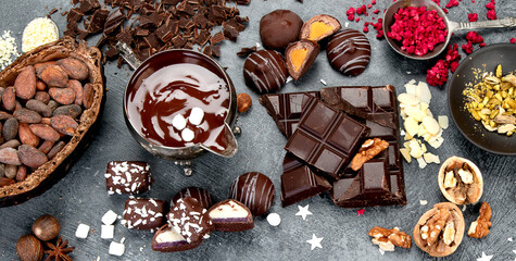 Delicious chocolate bars and pieces.