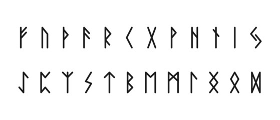 Scandinavian ancient runes. Black symbols of letters of esoteric germans and norwegians. Ettir hieroglyphic alphabet with clinographic vector futhark