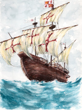 Portuguese carrack. Watercolor on paper.
