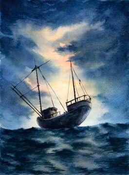 Stormy weather and fishing boat. Watercolor on paper.