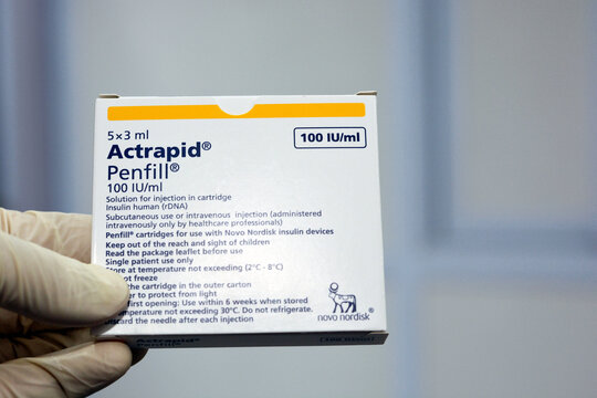 Cairo, Egypt, July 25 2021, Actrapid human insulin rDNA penfill 100 IU solution for subcutaneous or intravenous injection in cartridge for use with Novo Nordisk devices used in diabetic patients