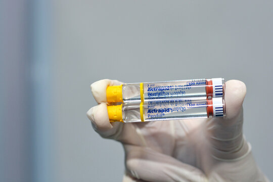 Cairo, Egypt, July 25 2021, Actrapid human insulin rDNA penfill 100 IU solution for subcutaneous or intravenous injection in cartridge for use with Novo Nordisk devices used in diabetic patients