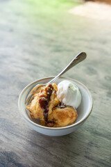 fried banana fritter with vanilla ice cream