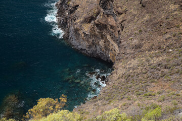 La Palma, landscape of the western steep coastal part of the island, Tijarafe municipality, 
path to amazing small hamlet Poris de Candelaria, hidden within a vast cave by the ocean

