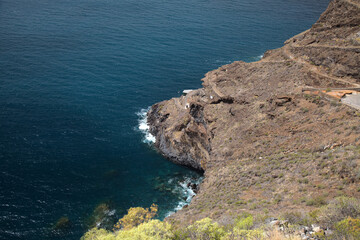 La Palma, landscape of the western steep coastal part of the island, Tijarafe municipality, 
path to amazing small hamlet Poris de Candelaria, hidden within a vast cave by the ocean
