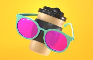 Coffee paper cup with black holder and fashion sunglasses, 3d render. Funny disposable container for takeaway drinks with glasses in menthol frame and pink lenses, isolated on yellow summer background