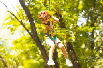 The little boy goes down the zipline in the park