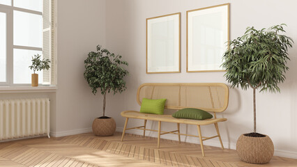 Wooden frame mockup, modern living room in white tones, lounge, waiting room with rattan sofa. Parquet floor, potted plants, window with shutters. Scandinavian interior design idea
