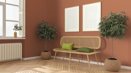 Wooden frame mockup, modern living room in orange tones, lounge, waiting room with rattan sofa. Parquet floor, potted plants, window with shutters. Scandinavian interior design idea