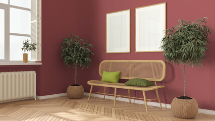 Wooden frame mockup, modern living room in gray tones, lounge, waiting room with rattan sofa. Parquet floor, potted plants, window with shutters. Scandinavian interior design idea