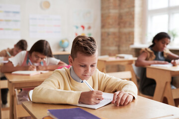 Fototapeta premium Portrait of schoolboy writing while sitting at desk in classroom with wooden decor, copy space