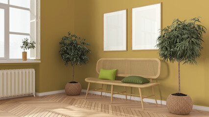 Wooden frame mockup, modern living room in yellow tones, lounge, waiting room with rattan sofa. Parquet floor, potted plants, window with shutters. Scandinavian interior design idea