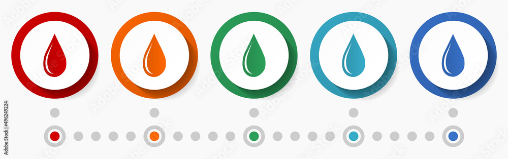 Aufkleber oil, water drop concept vector icon set, flat design colorful buttons, infographic template in 5 col
