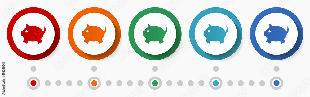 Poster Pig, animal concept vector icon set, flat design colorful buttons, infographic template in 5 color options