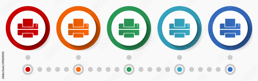 Aufkleber Printer, office concept vector icon set, flat design colorful buttons, infographic template in 5 color options