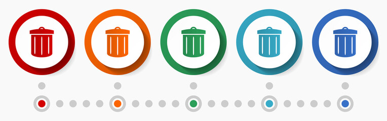 Trash can concept vector icon set, flat design colorful buttons, infographic template in 5 color options