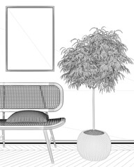 Blueprint project draft, frame mockup, close up of modern living room, lounge, waiting room with rattan sofa and pillow. Parquet floor, potted plant. Interior design