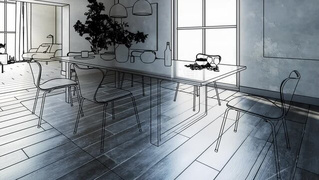 Table Group Inside a Loft Apartment - loopable 3D Visualization