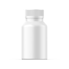 Blank white pill jar mockup template, matte medicine bottle for capsules and tablets on isolated white background, 3d illustration