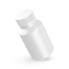 Blank white pill jar mockup template, matte medicine bottle for capsules and tablets on isolated white background, 3d illustration