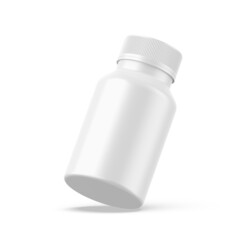 Blank white pill jar mockup template, matte medicine bottle for capsules and tablets on isolated white background, 3d illustration