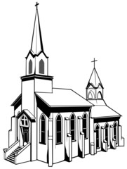 Drawing of a Christian Brick Church - Black Illustration Isolated on White Background, Vector - obrazy, fototapety, plakaty