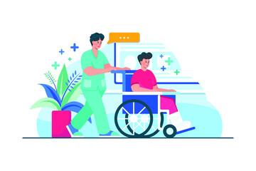 Nurse pushing wheelchair of patient Illustration concept. Flat illustration isolated on white background.