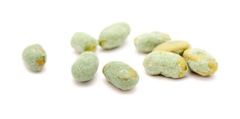 Fototapeta na wymiar edamame beans coated in wasabi and salt snack, isolated on white background 
