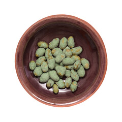 edamame beans coated in wasabi and salt snack, isolated on white background
