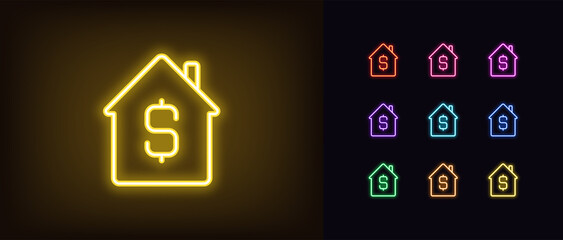 Outline neon home icon. Glowing neon home with dollar sign, house buy and sell pictogram