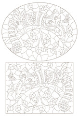A set of contour illustrations in the style of stained glass with cats on tree branches, dark contours on a white background