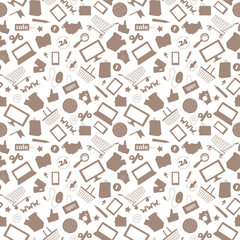 Seamless pattern on the theme of online shopping and Internet shops, brown silhouettes icons on white background
