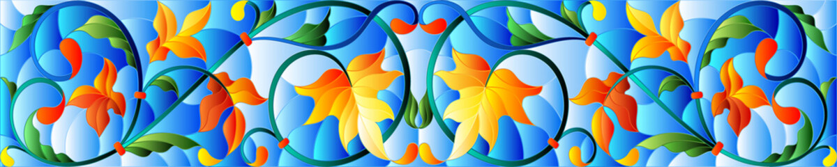 Fototapeta premium Illustration in stained glass style with abstract swirls,flowers and leaves on a blue background,horizontal orientation