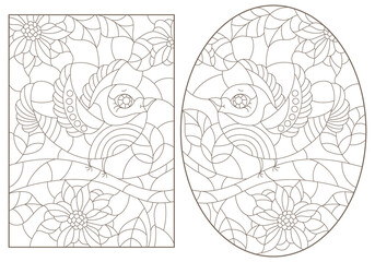 Obraz premium A set of contour illustrations in the style of stained glass with birds on tree branches, dark contours on a white background