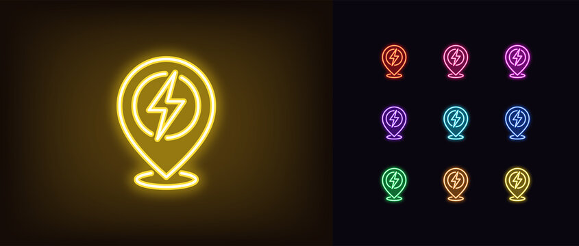 Outline neon electric station pin icon. Glowing neon map pin with lightning sign, charge point pictogram