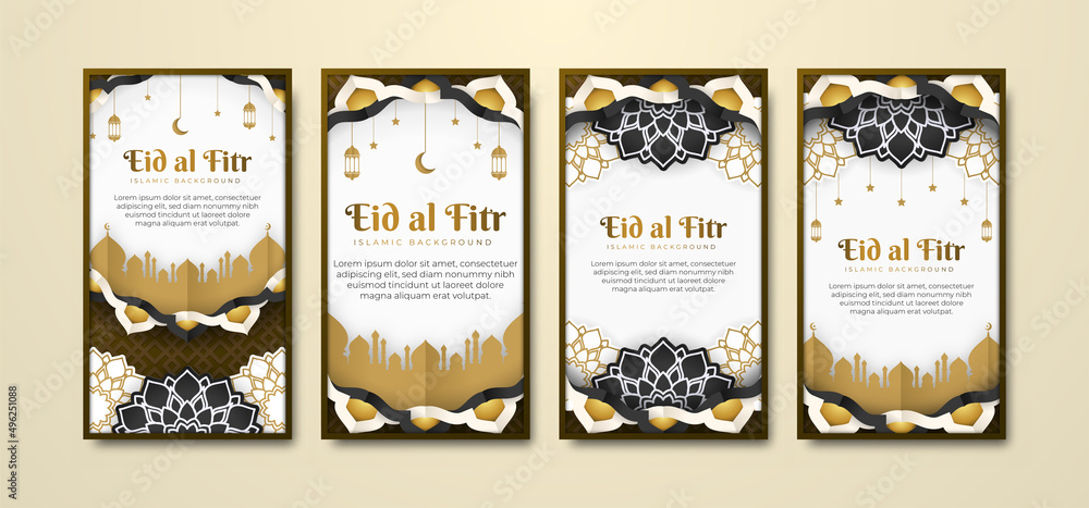 Wall mural beautiful eid al fitr social media stories collection in paper style with mosque and mandala flower.