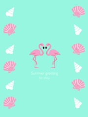 フラミンゴと貝のイラストの暑中お見舞いカードのテンプレートデザイン