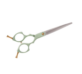 Scissors for cutting people and pets. Grooming scissors. Closed scissors on a white isolated background. Side view.
