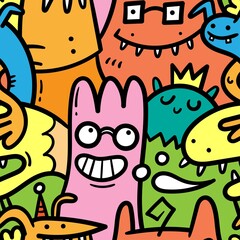 Seamless pattern with cute cartoon creatures on collorful background. Funny cartoon animals print. Doodle monster poster.